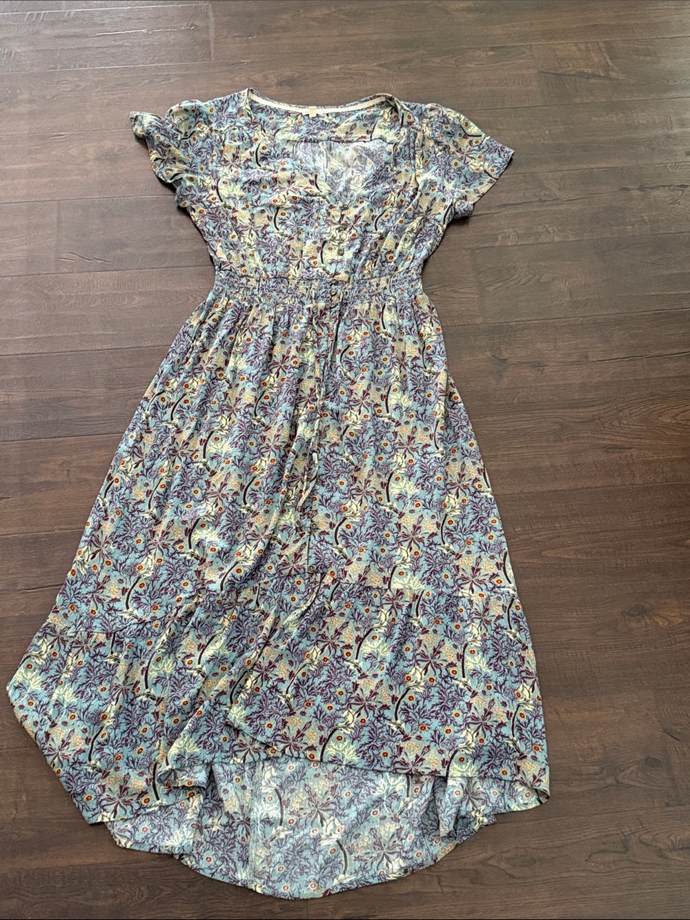 Blue Floral High-Low Midi Dress with Smocked Waist